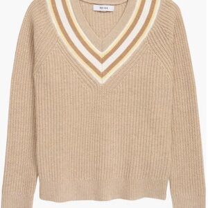 Reiss Hadley Wool Blend Tan V-Neck Sweater with Stripes Small